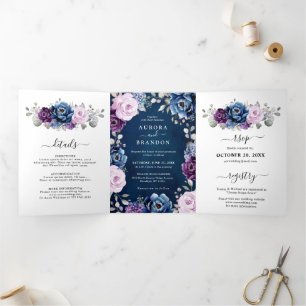 Staubblau Lila Navy Lilac Blütentraum Hochzeit Tri Dreifach Gefaltete Ankündigung