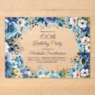 Staubblau Marineweiß Floral 100. Geburtstag Acryleinladungen