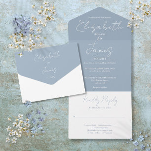 Staubblau-Minimalist Elegant-Script-Hochzeit All In One Einladung
