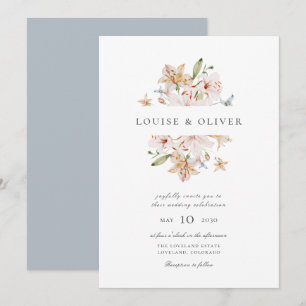 Staubblau moderne Aquarell-Blumen-Hochzeit mit Lil Einladung