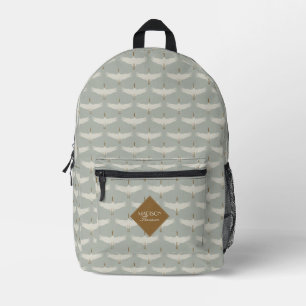 Staubblau Neutrale Vögel Kraniche Art Deco Monogra Bedruckter Rucksack