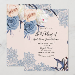 Staubblau & Pfirsich Blumen-Spitze Hochzeit Einladung