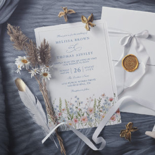 Staubblau Rosenrot Wildblumen QR-Code Hochzeit Einladung