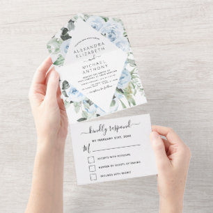 Staubblau - Salbeigrüne Florale Hochzeitseinladung All In One Einladung