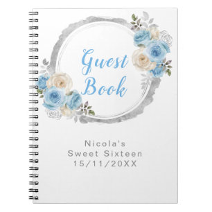 Staubblau Silber Elegante Blumen Sweet Sixteen Notizblock
