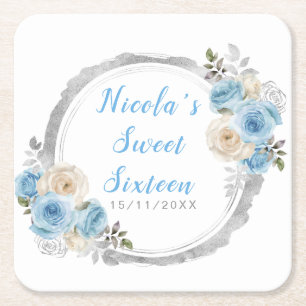 Staubblau silber elegante Blumen Sweet Sixteen Rechteckiger Pappuntersetzer