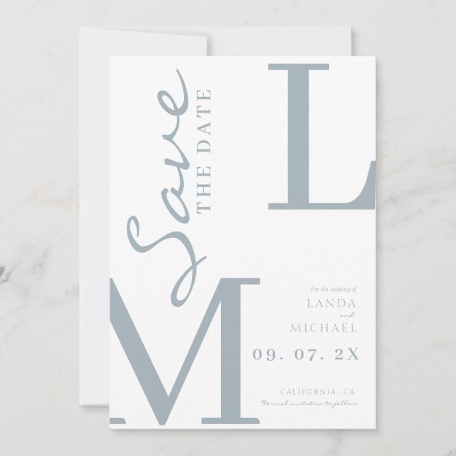 Staubblau stilvolle Monogramm-Hochzeit Save The Date (Vorderseite)