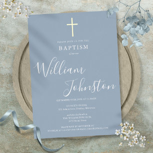 Staubblau Taufe Taufkleid Elegantes goldenes Kreuz Folieneinladung