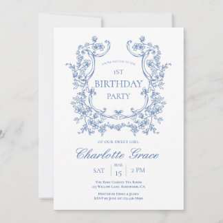 Staubblau Toile Vintage Monogramm Geburtstag Einladung