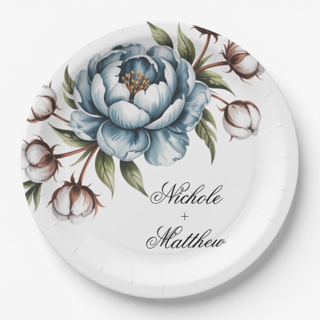 Staubblau und Baumwollhochzeit Pappteller (Vorderseite)