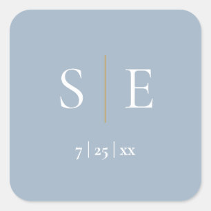 Staubblau und Gold Monogramm Hochzeit Quadratischer Aufkleber