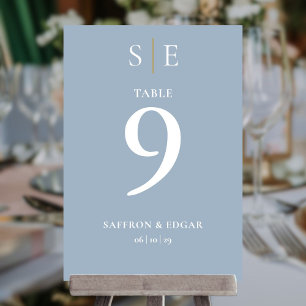 Staubblau und Gold Monogramm Hochzeitstisch Nummer Einladung