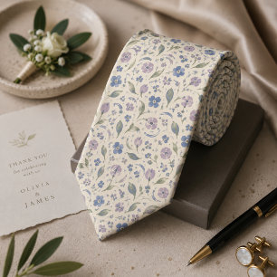 Staubblau- und Lavendel-Aquarell-Botanik-Hochzeit Krawatte