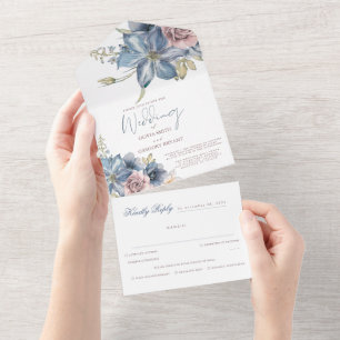 Staubblau und Malvenblüten Elegante Hochzeit Alles All In One Einladung