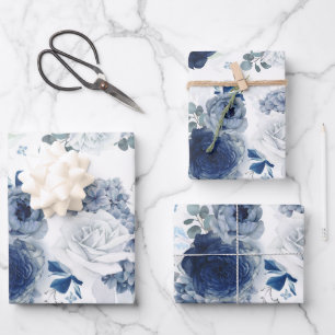 Staubblau und marineblaue Blumen Elegante Botanik Geschenkpapier Set