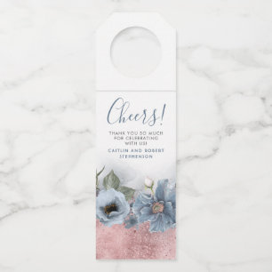 Staubblau und Roségold Glitter Moderne Hochzeit Flaschenanhänger