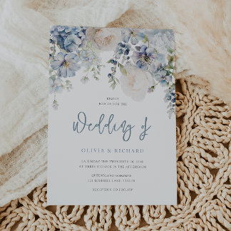 Staubblau und weiße Blumen moderne Hochzeit Einladung