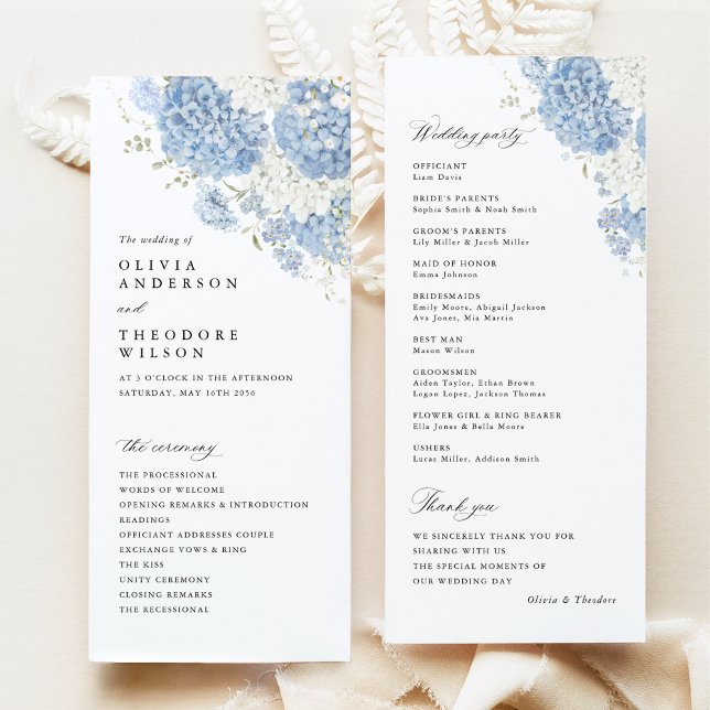 Staubblau-weiße Aquarell-Hochzeitszeremonie Programm (Dusty blue white hydrangea watercolor wedding ceremony program, front & back, elegant stationery)