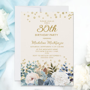 Staubblau Weiße Blumen Gold 30. Geburtstag Einladung
