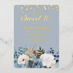 Staubblau Weiße Blumen Gold Glitter Sweet 16 Folieneinladung