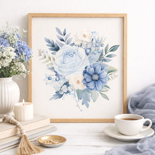 Staubblau-weiße Blumendekoration für Zuhause Poster