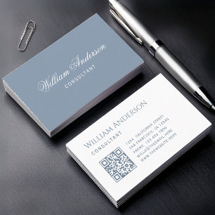 Staubblau Weiße einfache QR-Code und Kalligrafie Visitenkarte