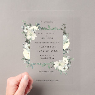 Staubblau-weiße florale Save-the-Date-Karten Acryleinladungen