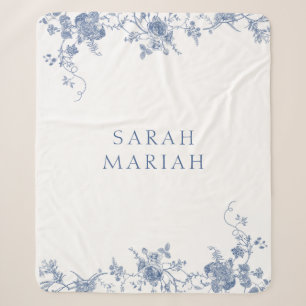 Staubblau & Weiße Florale Toile Personalisierter N Sherpadecke