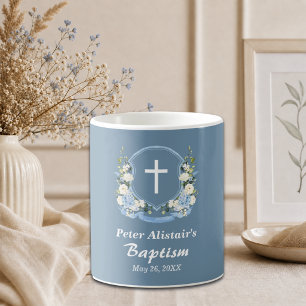 Staubblau-weiße Kreuz-Blumen-Wappen-Taufgeschenk Kaffeetasse