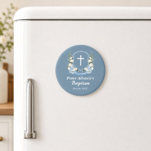 Staubblau Weiße Kreuz Blumenwappen Taufgeschenk Magnet