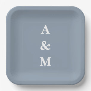 Staubblau Weiße Monogramme Elegante Hochzeit Pappteller