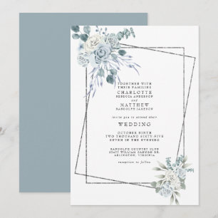 Staubblaue Aquarell-Blumen Geometrische Hochzeit Einladung