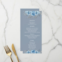 Staubblaue Aquarell-Blumen-Hochzeitsempfang Menükarte