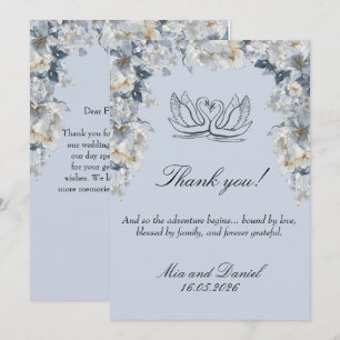 Staubblaue Aquarell-Blumen-Schwan-Hochzeit Dankeskarte