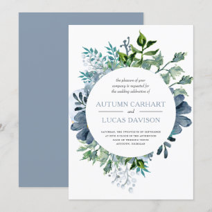 Staubblaue Aquarell-Blumenkreis-Hochzeit Einladung
