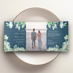 Staubblaue Aquarell-Botanik-Blattwerk-Hochzeit Dreifach Gefaltete Einladung