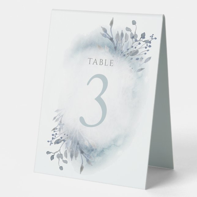 staubblaue Aquarellfarben-Blume Tischnummer 3 Tischaufsteller (Vorderseite)