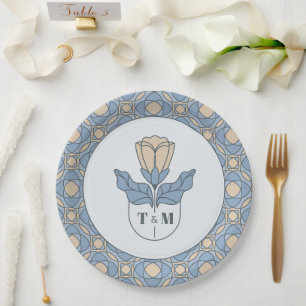 Staubblaue Art Nouveau-Monogramm-Hochzeitspapier Pappteller