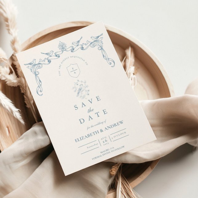 Staubblaue Barock-Hochzeit mit Vogel Save The Date (Von Creator hochgeladen)