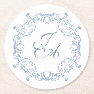 Staubblaue barocke Monogramm-Hochzeitsuntersetzer Runder Pappuntersetzer