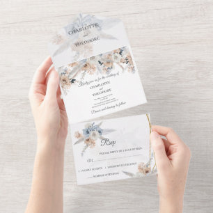 Staubblaue Beige Blumen Einladung zur Hochzeit