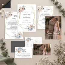 Staubblaue Beige Blumen Gold Geometrische Einladun