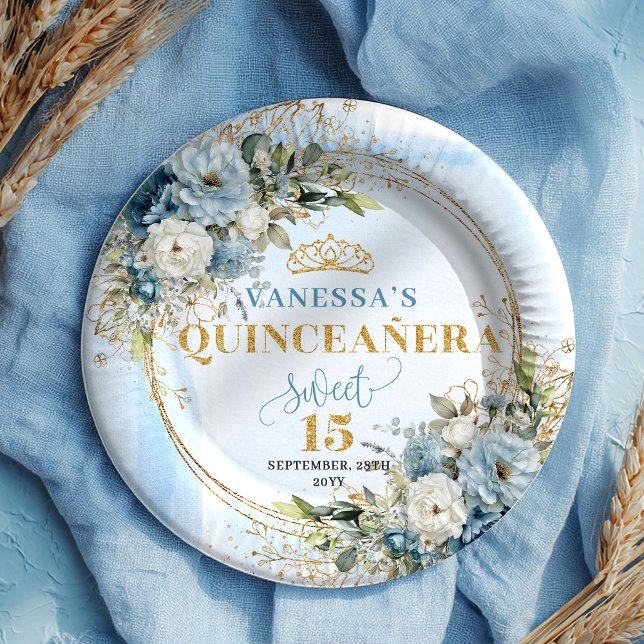 Staubblaue Blumen Gold Glitter personalisierte Tel Pappteller (Dusty Blue Floral Gold Glitter Personalized Plates)