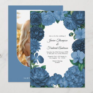 Staubblaue Blumen-Hochzeitsfoto und QR-Code-Hochze Einladung