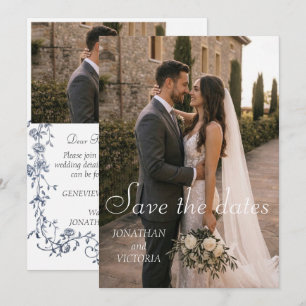Staubblaue Blumen-Hochzeitskarte mit Foto zur Vora Save The Date