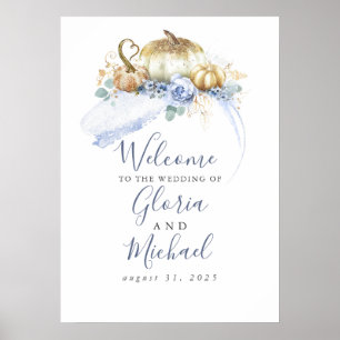 Staubblaue Blumen-Kürbisse Herbst-Hochzeit Willkom Poster