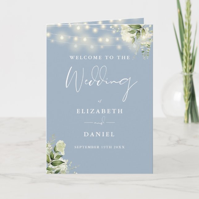 Staubblaue Blumen-Lichterkette Hochzeit  Programm (Vorderseite)