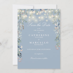 Staubblaue Blumen-Lichterkette Hochzeit Save The Date