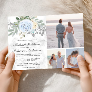 Staubblaue Blumen Weiße Marmor QR Code Hochzeit Einladung