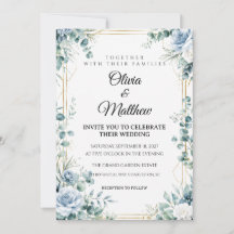 Staubblaue Blumengoldene Hochzeitseinladung